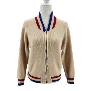 Vintage Okapi Womens Small Sweater Wool Cardigan Knit Zipper Ivory Red Blue